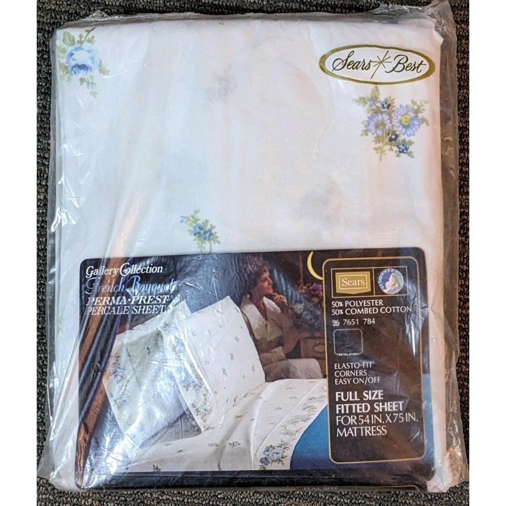 Vtg Sears Best Gallery Collection French Bouquet Full Size Fitted Sheet Blue NOS